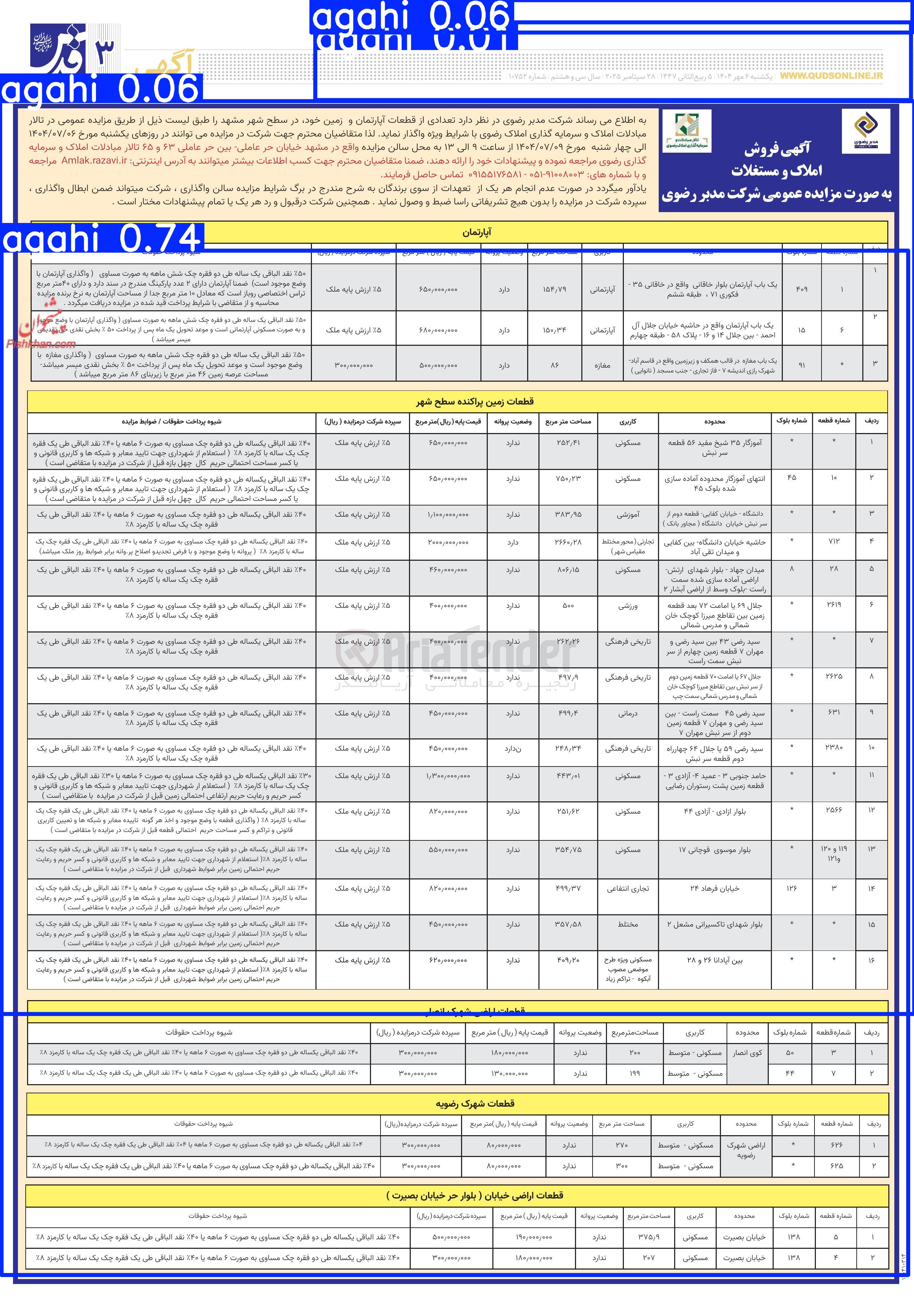تصویر کوچک آگهی فروش تعدادی از قطعات آپارتمان و زمین در 25 ردیف با کاربری تجاری - مسکونی - ورزشی - تاریخی فرهنگی - درمانی - آموزشی و...