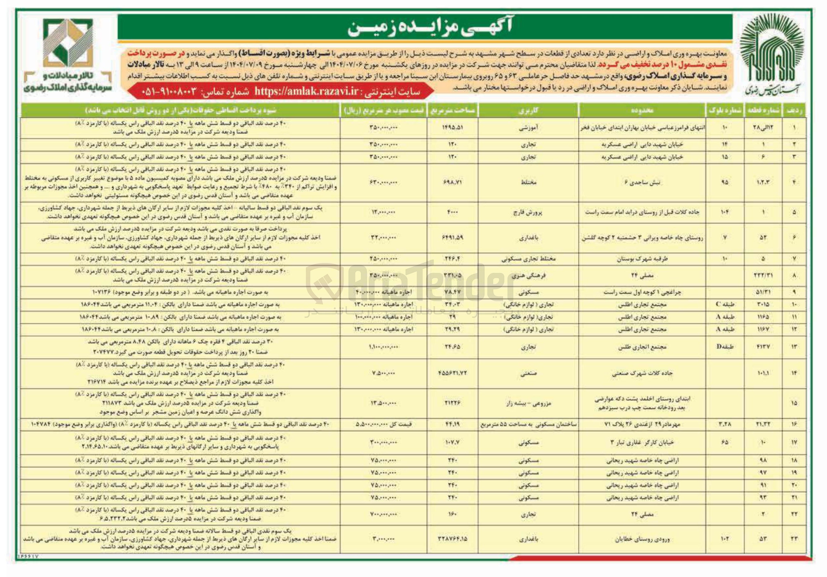 تصویر کوچک آگهی فروش تعدادی از قطعات در 23 ردیف با کاربری آموزشی - تجاری - مختلط - باغداری - صنعتی - مزروعی - مسکونی 