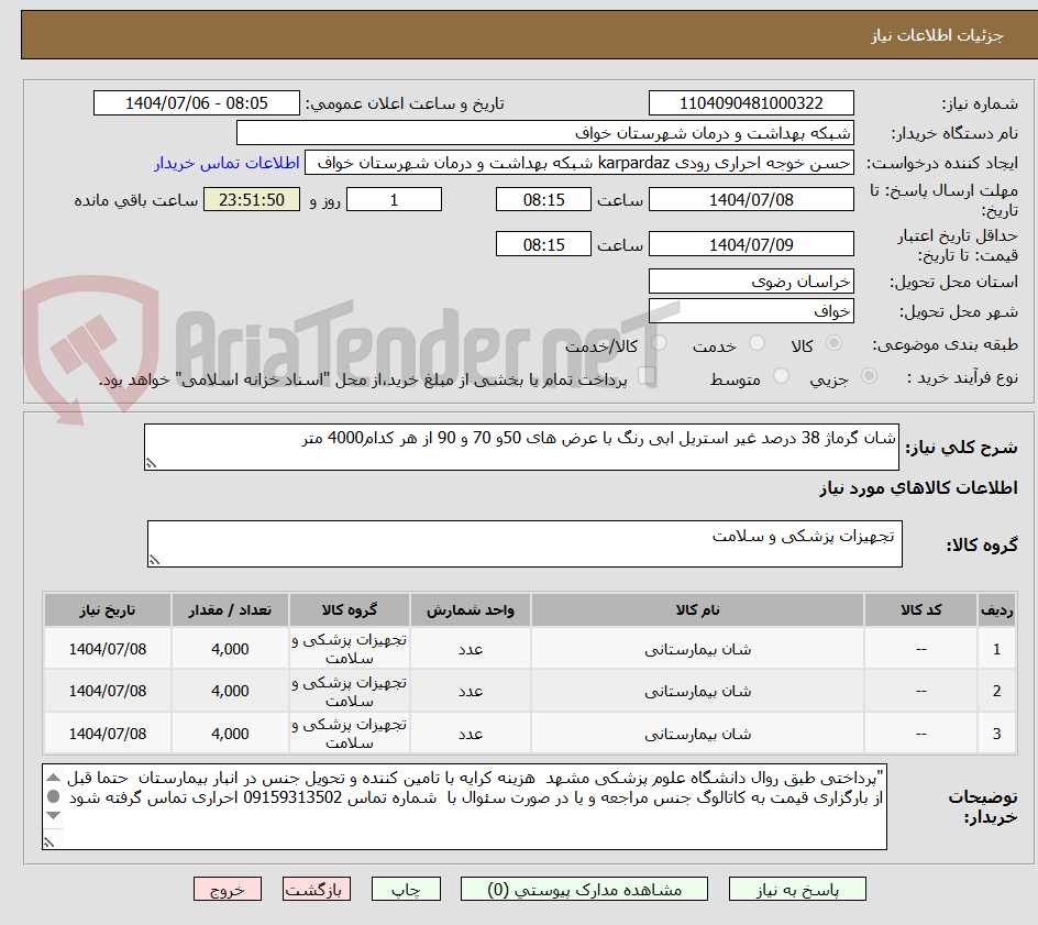 تصویر کوچک آگهی شان گرماژ 38 درصد غیر استریل ابی رنگ با عرض های 50و 70 و 90 از هر کدام4000 متر