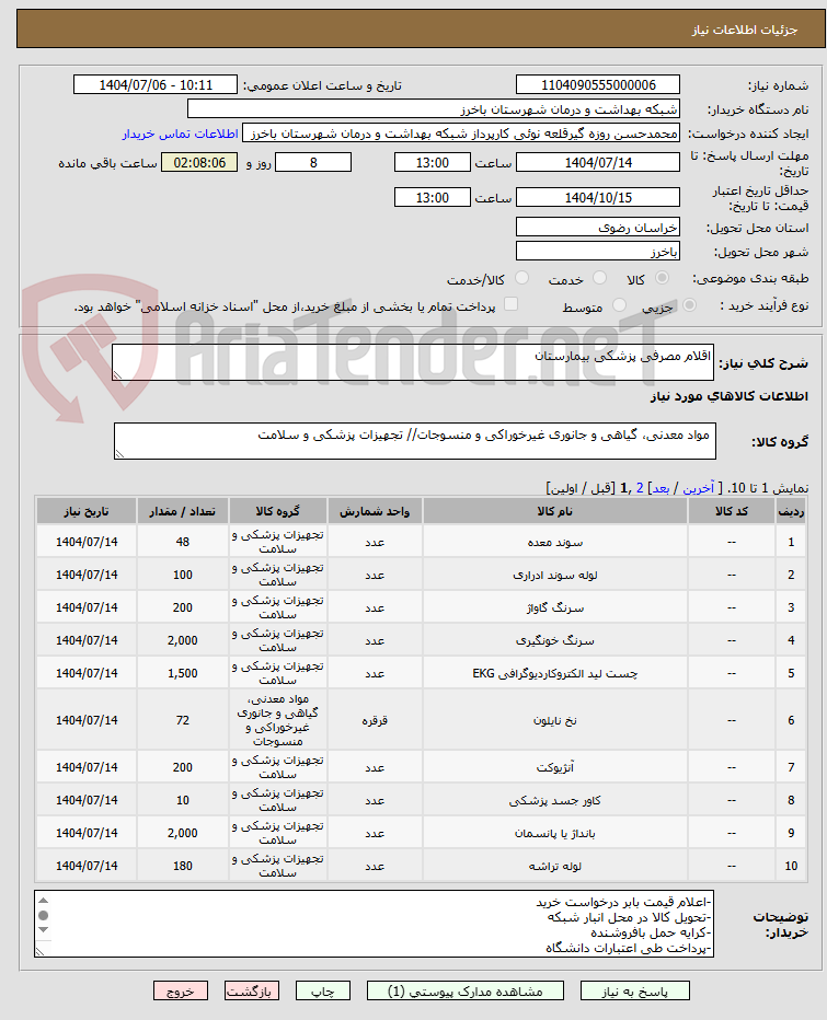 تصویر کوچک آگهی اقلام مصرفی پزشکی بیمارستان 