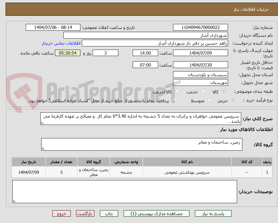 تصویر کوچک آگهی  سرویس عمومی خواهران و برادران به تعداد 5 چشمه به اندازه 3.40*6 تمام کار  و مصالح بر عهده کارفرما می باشد .