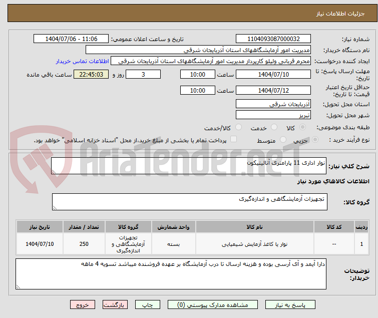 تصویر کوچک آگهی نوار اداری 11 پارامتری آنالیتیکون 