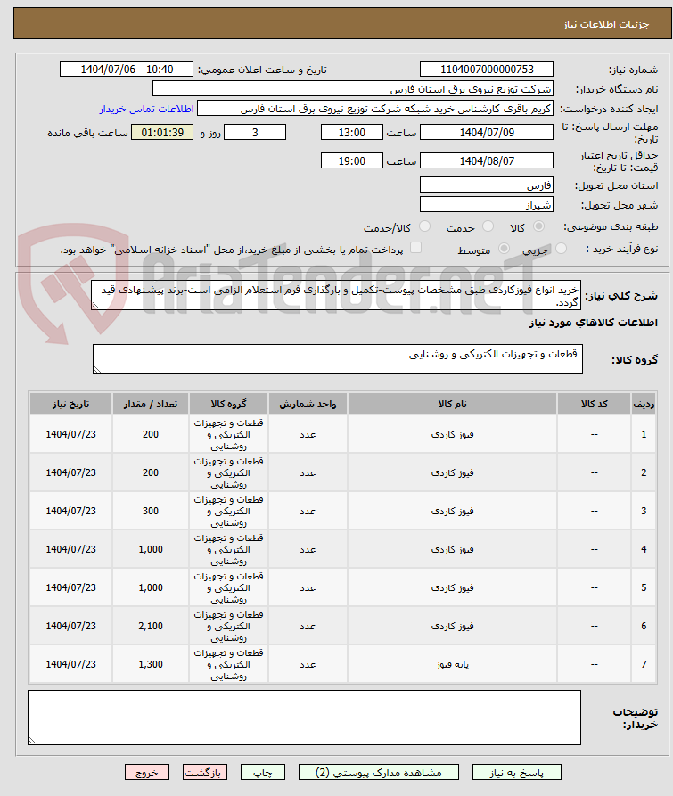 تصویر کوچک آگهی خرید انواع فیوزکاردی طبق مشخصات پیوست-تکمیل و بارگذاری فرم استعلام الزامی است-برند پیشنهادی قید گردد.