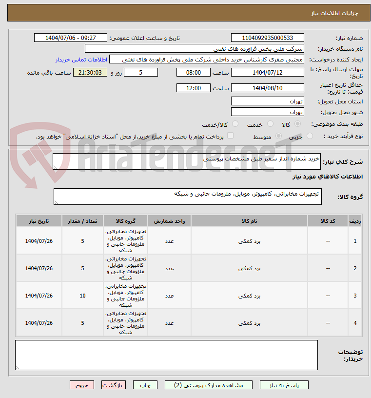 تصویر کوچک آگهی خرید شماره انداز سفیر طبق مشخصات پیوستی