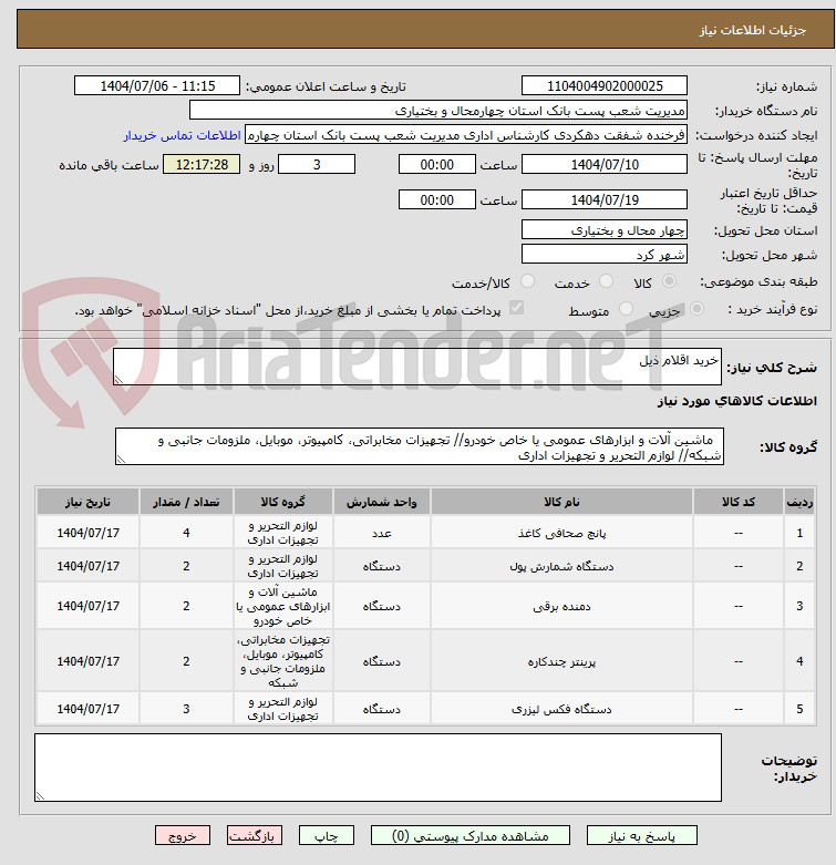تصویر کوچک آگهی خرید اقلام ذیل