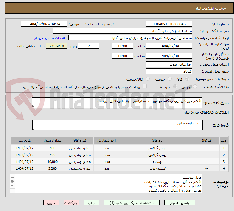 تصویر کوچک آگهی اقلام خوراکی (روغن،کنسرو لوبیا، دلستر)مورد نیاز طبق فایل پیوست