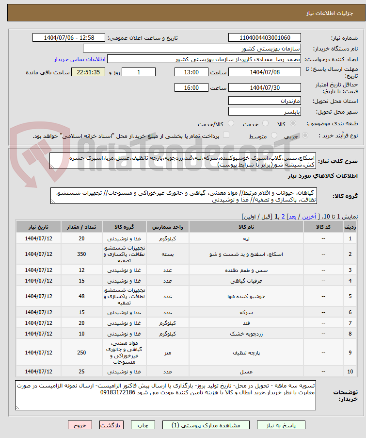 تصویر کوچک آگهی اسکاچ،سس،گلاب،اسپری خوشبوکننده،سرکه،لپه،قند،زردچوبه،پارچه تانظیف،عسل،مربا،اسپری حشره کش،شیشه شور(برابر با شرایط پیوست)