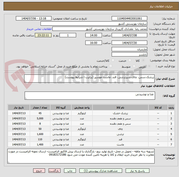 تصویر کوچک آگهی زرشک،سس، چای،سیرترشی، قند، ماست موسیر (برابرب ا شرایط پیوست)