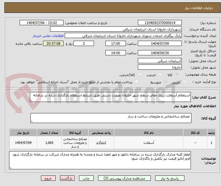 تصویر کوچک آگهی استعلام آسفالت ریزی معابر سطح شهر خاروانا بصورت دستی طبق شرایط استعلام بارگذاری شده در سامانه
