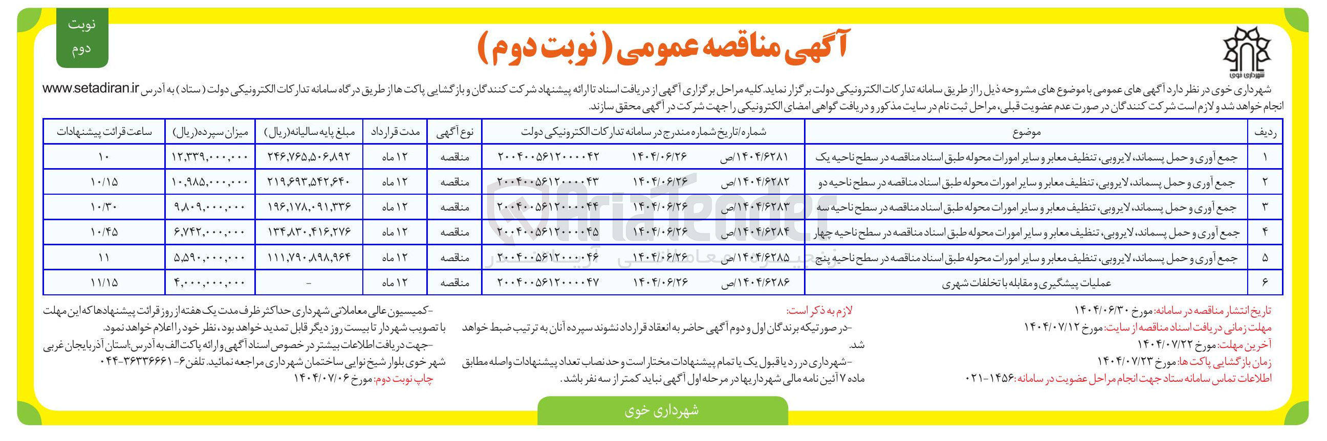 تصویر کوچک آگهی جمع آوری و حمل پسمانده لایروبی ، تنظیف معابر و سایر امورات محوله