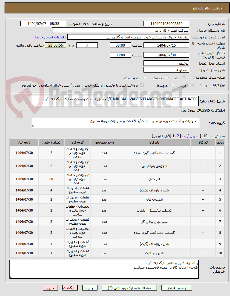 تصویر کوچک آگهی P/F MIR BALL VALVES FLANGED PNEUMATIC ACTUATOR/ طبق لیست پیوست مدارک بارگذاری گردد