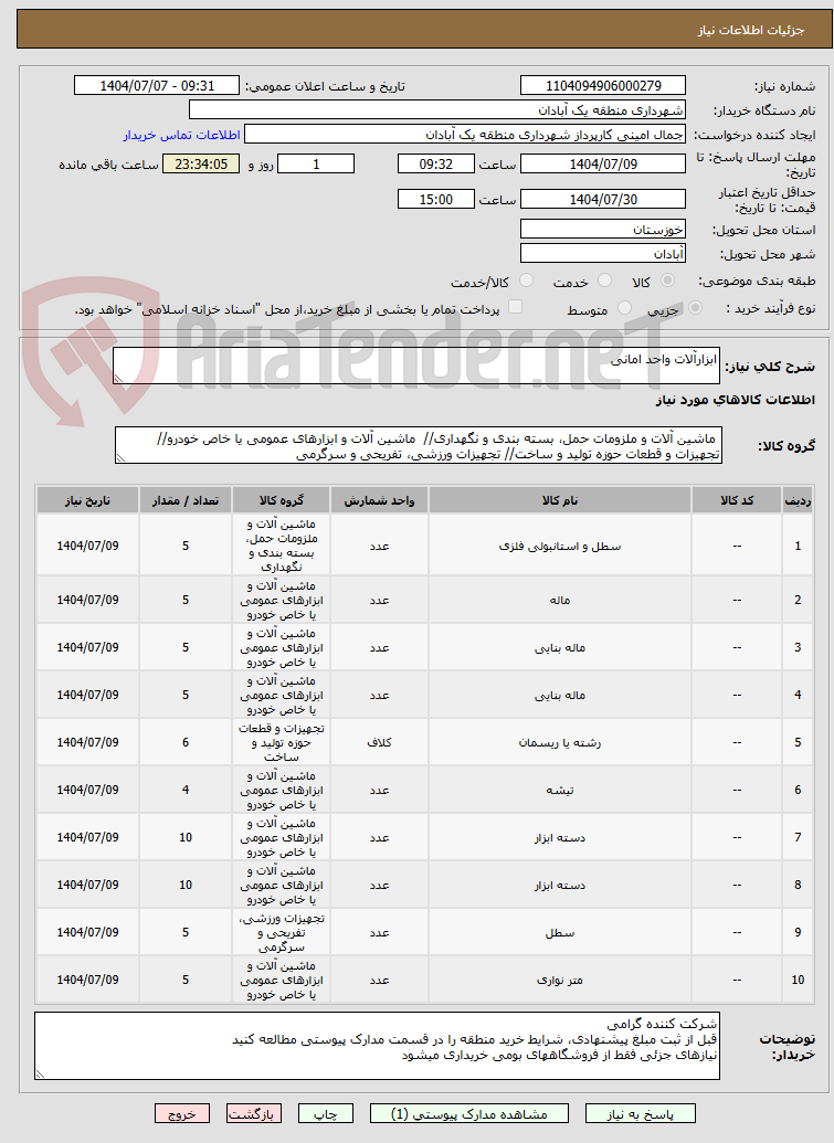 تصویر کوچک آگهی ابزارآلات واحد امانی