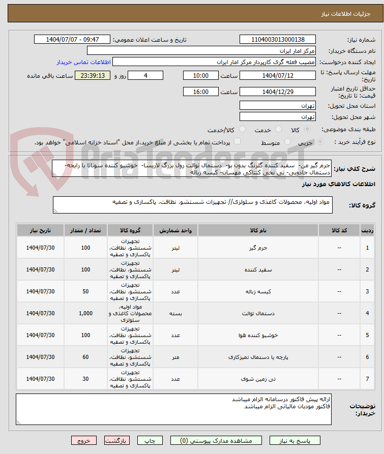 تصویر کوچک آگهی جرم گیر من-  سفید کننده گلرنگ بدون بو-  دستمال توالت رول بزرگ لاریسا-  خوشبو کننده سوناتا با رایحه-  دستمال جادویی- تی نخی کنتاکی مهسان- کیسه زباله 