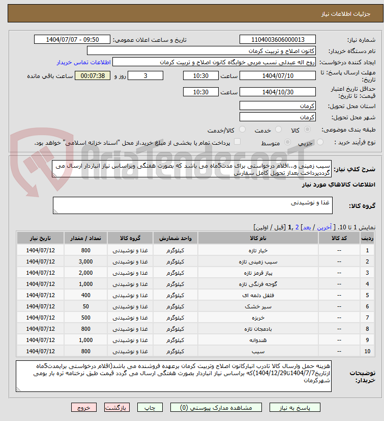 تصویر کوچک آگهی سیب زمینی و...اقلام درخواستی برای مدت5ماه می باشد که بصورت هفتگی وبراساس نیاز انباردار ارسال می گرددپرداخت بعداز تحویل کامل سفارش