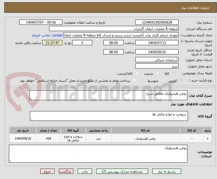 تصویر کوچک آگهی روغن هیدرولیک مطابق شرح 