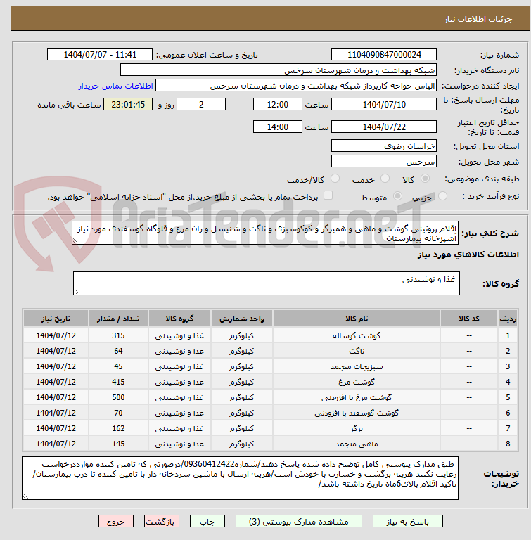 تصویر کوچک آگهی اقلام پروتینی گوشت و ماهی و همبرگر و کوکوسبزی و ناگت و شنیسل و ران مرغ و قلوگاه گوسفندی مورد نیاز آشپزخانه بیمارستان