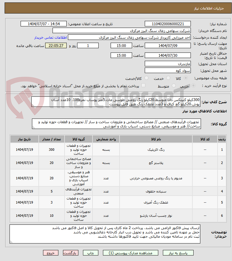 تصویر کوچک آگهی 300کیلو کنیتکس دان متوسط،20کیلو رنگ روغنی طوسی مات،5متر پوساب نمره100، 10عدد آسان پوش،20کیلو گچ کناف و 3عدد غلطک رنگ طبق فایل پیوست