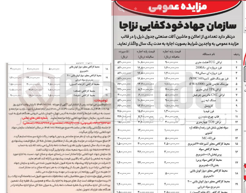 تصویر کوچک آگهی اجاره تعدادی از اماکن و ماشین آلات صنعتی