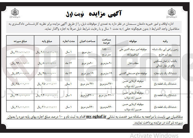 تصویر کوچک آگهی اجاره موقوفات در 6 ردیف با کاربری زراعی - مسکونی - تجاری - باغ