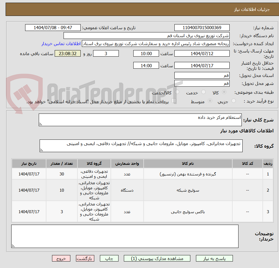 تصویر کوچک آگهی استعلام مرکز خرید داده