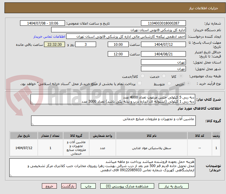 تصویر کوچک آگهی دبه ربی 5 کیلوئی جنس مرغوب تعداد 4000 عدد
دبه ربی 1 کیلوئی (استوانه ای اندازه درب و بدنه یکی باشد) تعداد 3000 عدد