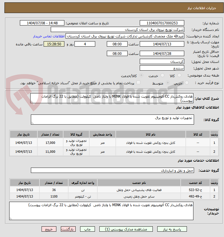 تصویر کوچک آگهی هادی روکش‌دار CC آلومینیوم تقویت شده با فولاد MINK با ولتاژ نامی  کیلوولت (مطابق با 22 برگ الزامات پیوست)