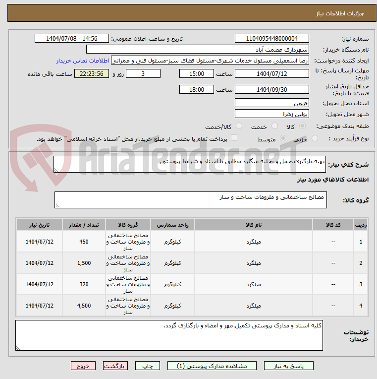تصویر کوچک آگهی تهیه،بارگیری،حمل و تخلیه میگلرد مطابق با اسناد و شرایط پیوستی