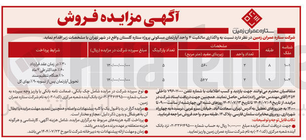 تصویر کوچک آگهی مالیکت ۴ واحد مسکونی