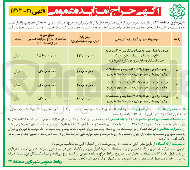 تصویر کوچک آگهی بهره برداری از زمین به مساحت تقریبی ۱۱۰۰ متر مربع جهت استقرار وسایل بازی کودکان ( شهربازی ) - بهره برداری از غرفه پلاک ۲ اغذیه و تنقلات به مساحت ۵۵ متر مربع - بهره برداری از غرفه پلاک ۴ اغذیه و تنقلات به مساحت ۵۵ متر مربع - بهره برداری از غرفه پلاک ۷ اغذیه و تنقلات به مساحت ۵۵ متر مربع