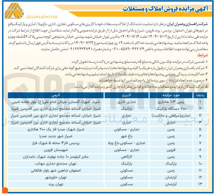تصویر کوچک آگهی فروش تمامیت ششدانگ از املاک و مستغلات خود با کاربریهای مسکونی، تجاری اداری باغ ویلا ، انباری و پارکینگ در 13 ردیف
