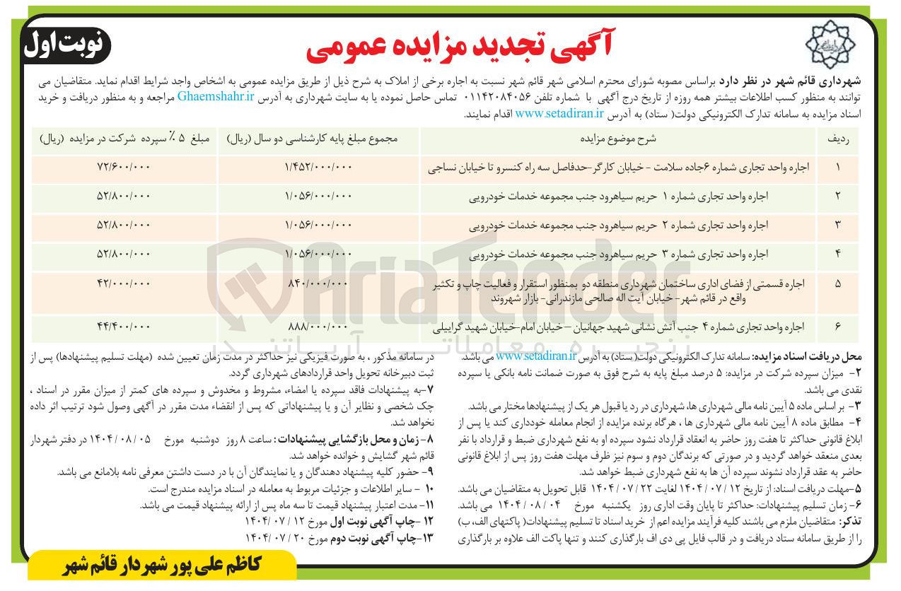 تصویر کوچک آگهی اجاره برخی از املاک در 6 ردیف با کاربری تجاری - اداری 
