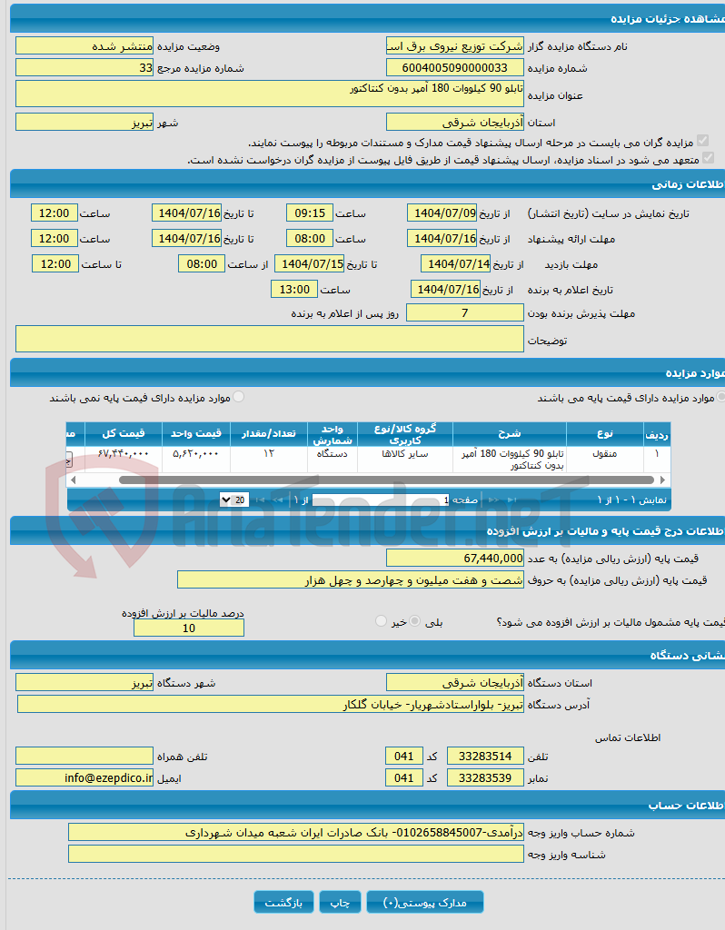 تصویر کوچک آگهی تابلو 90 کیلووات 180 آمپر بدون کنتاکتور