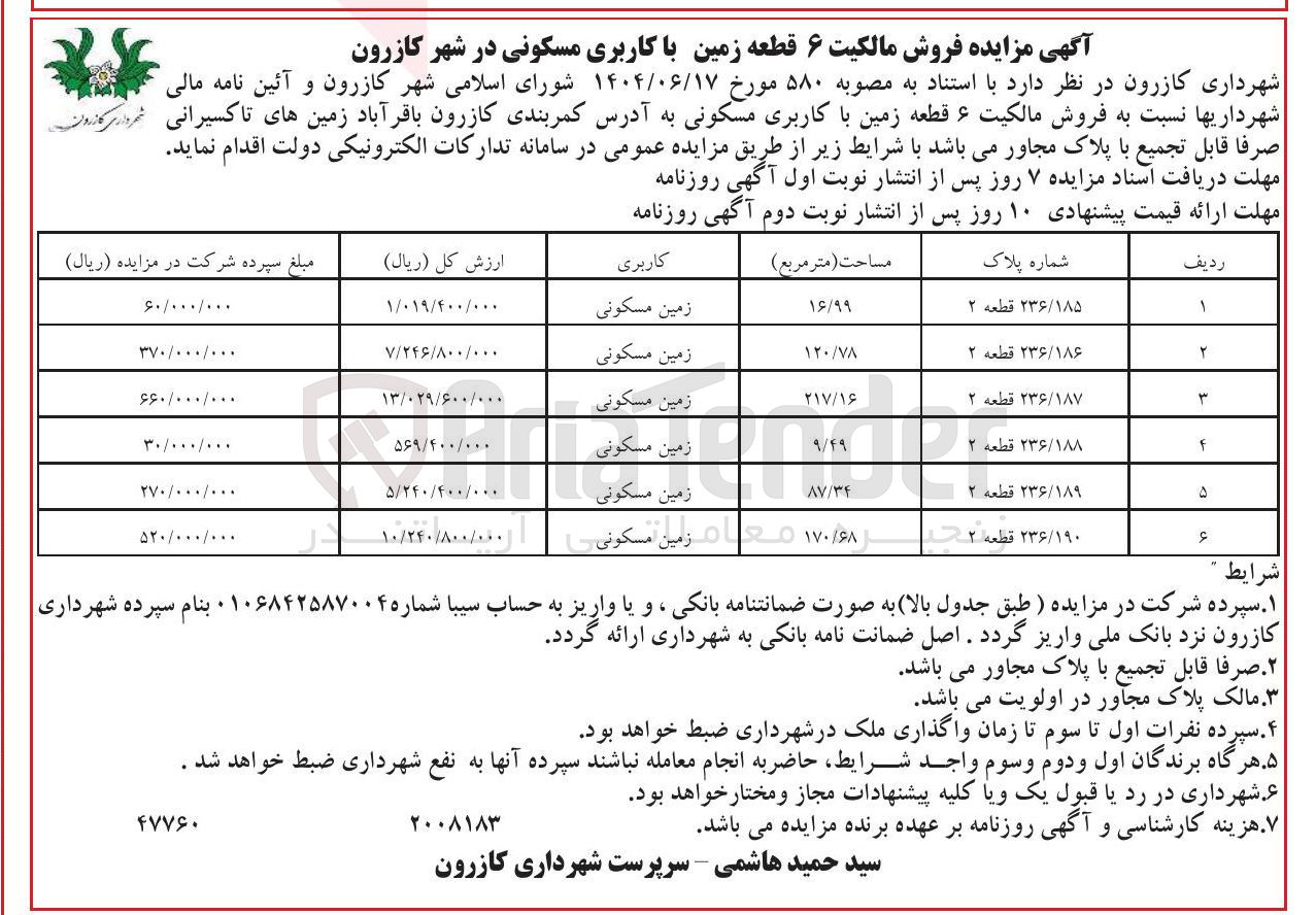 تصویر کوچک آگهی فروش 6 زمین با کاربقری مسکونی