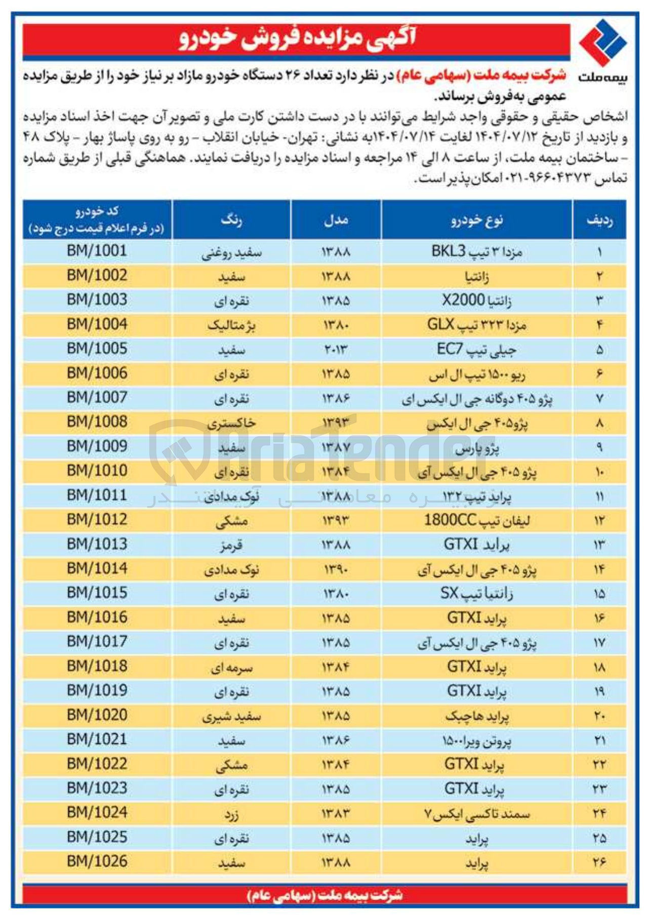تصویر کوچک آگهی فروش تعداد ۲۶ دستگاه خودرو مازاد بر نیاز