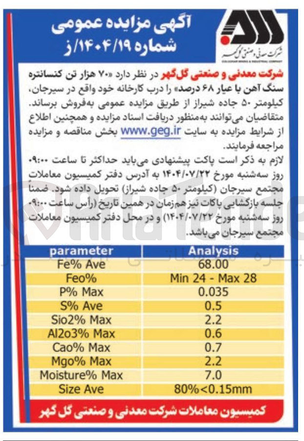 تصویر کوچک آگهی ۷۰۰ هزار تن کنسانتره سنگ آهن با عیار ۶۸ درصد