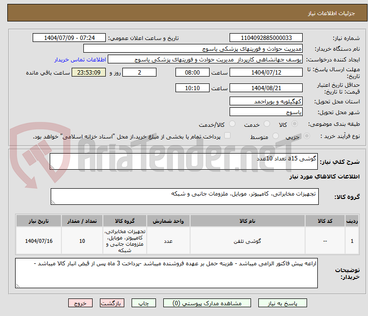 تصویر کوچک آگهی گوشی a15 تعداد 10عدد