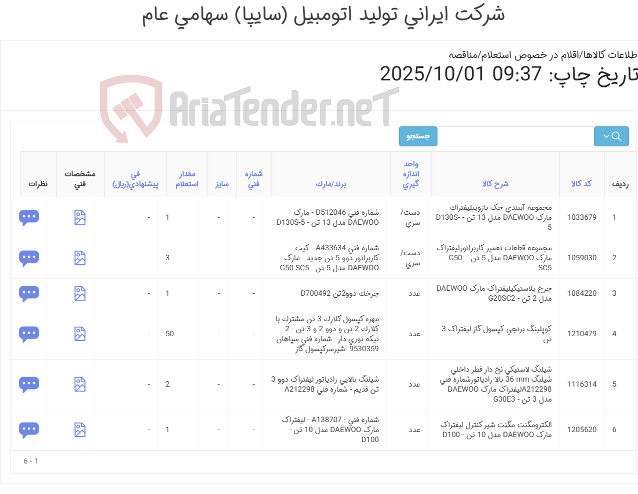 تصویر کوچک آگهی 6 ردیف لوازم یدکی لیفتراک دوو