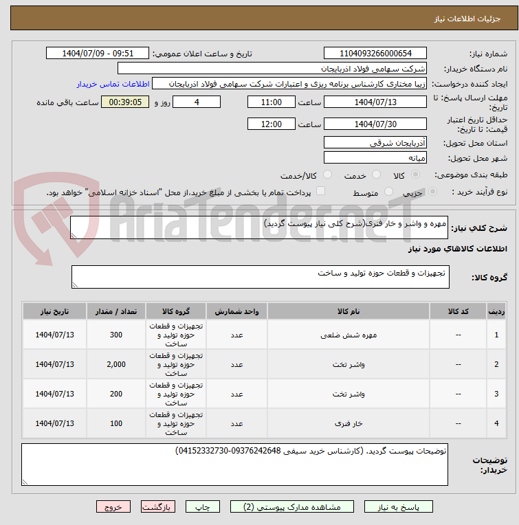 تصویر کوچک آگهی مهره و واشر و خار فنری(شرح کلی نیاز پیوست گردید)