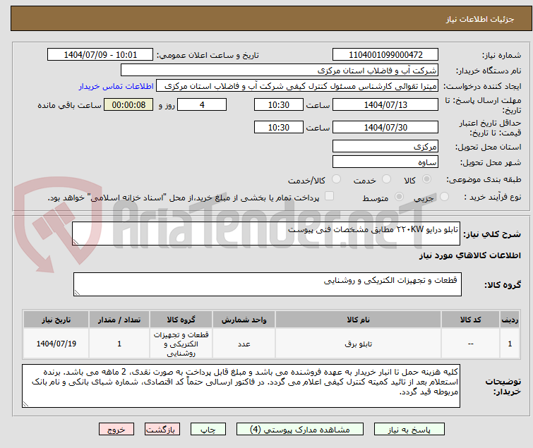 تصویر کوچک آگهی تابلو درایو ۲۲۰KW مطابق مشخصات فنی پیوست