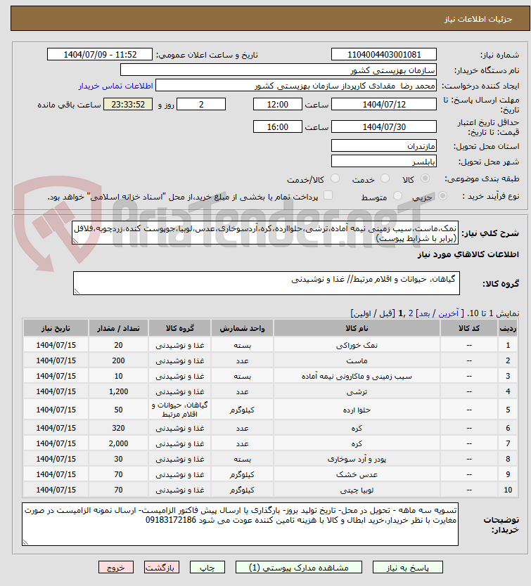 تصویر کوچک آگهی نمک،ماست،سیب زمینی نیمه آماده،ترشی،حلواارده،کره،آردسوخاری،عدس،لوبیا،جوپوست کنده،زردچوبه،فلافل (برابر با شرایط پیوست)