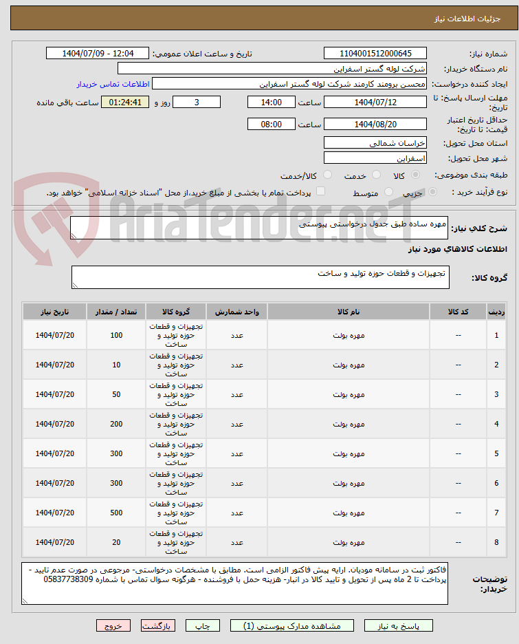 تصویر کوچک آگهی مهره ساده طبق جدول درخواستی پیوستی