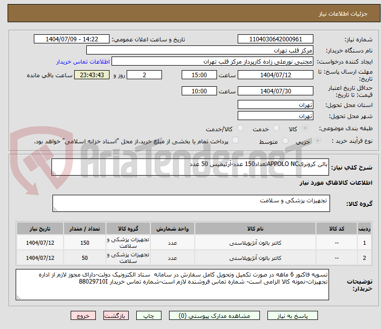 تصویر کوچک آگهی بالن کرونریAPPOLO NCتعداد150 عدد-آرتیمیس 50 عدد