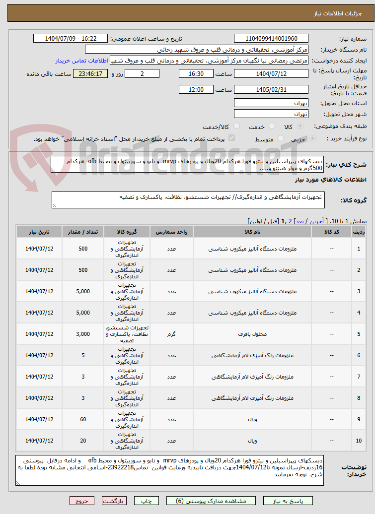 تصویر کوچک آگهی دیسکهای پیپراسیلین و نیترو فورا هرکدام 20ویال و پودرهای mrvp و تابو و سوربیتول و محیط ofb هرکدام 500گرم و مولر هینتو و.....