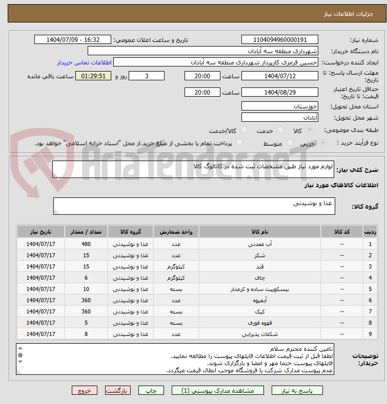 تصویر کوچک آگهی لوازم مورد نیاز طبق مشخصات ثبت شده در کاتالوگ کالا