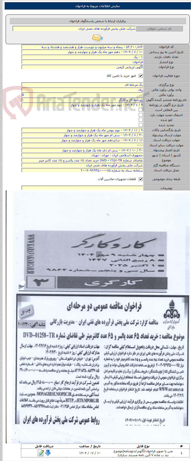 تصویر کوچک آگهی تقاضای شماره DVD-۰۱۲۵۸-TR خرید تعداد ۶۵ عدد پالسر و ۶۵ عدد کانتر میتر