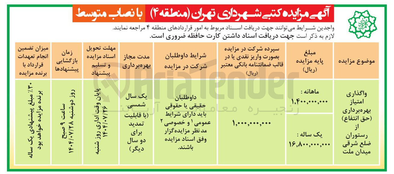 تصویر کوچک آگهی واگذاری امتیاز بهره برداری (حق انتفاع ) از رستوران 