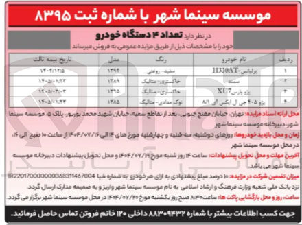 تصویر کوچک آگهی تعداد ۴ دستگاه خودرو