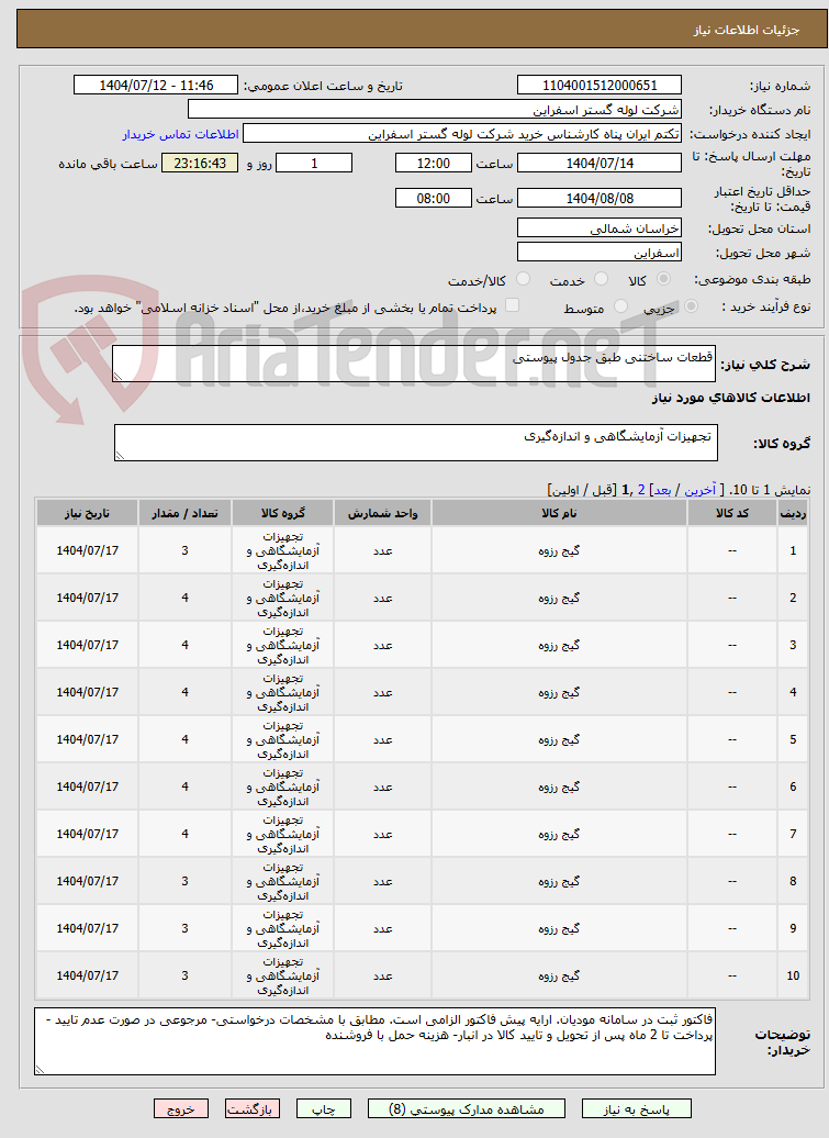 تصویر کوچک آگهی قطعات ساختنی طبق جدول پیوستی