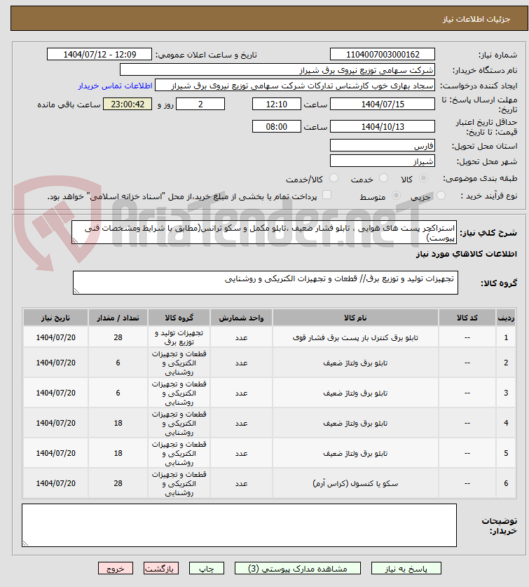 تصویر کوچک آگهی استراکچر پست های هوایی ، تابلو فشار ضعیف ،تابلو مکمل و سکو ترانس(مطابق با شرایط ومشخصات فنی پیوست)
