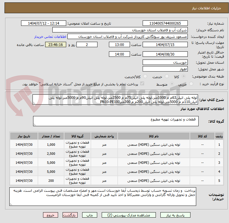 تصویر کوچک آگهی لوله پلی اتیلن63م م 1000متر،لوله پلی اتیلن75م م 2500متر،لوله پلی اتیلن90م م 5000متر،لوله پلی اتیلن110م م 5000متر،لوله پلی اتیلن200م م 200مترPN10-PE100